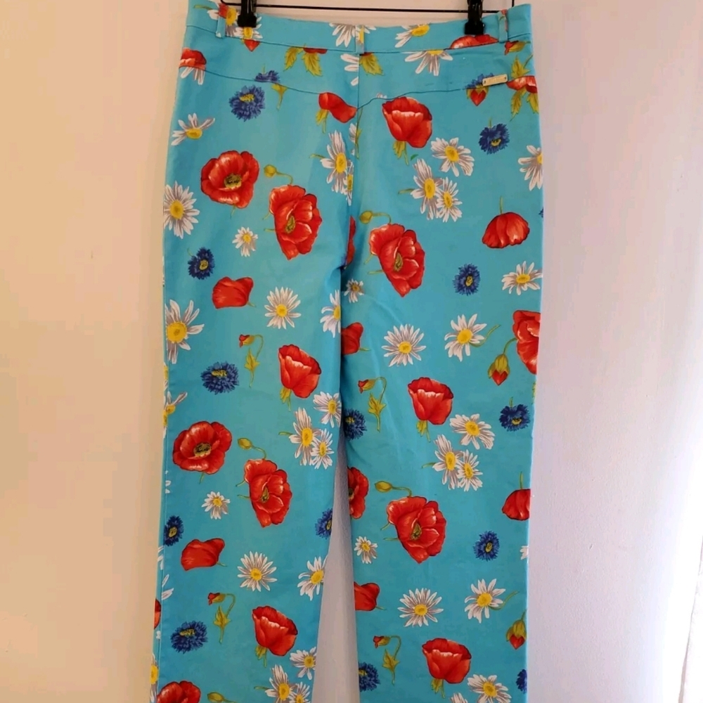 St John Sports Vibrant Blue Red White Poppie Cropped Ankle Pants Sz 12 vtg